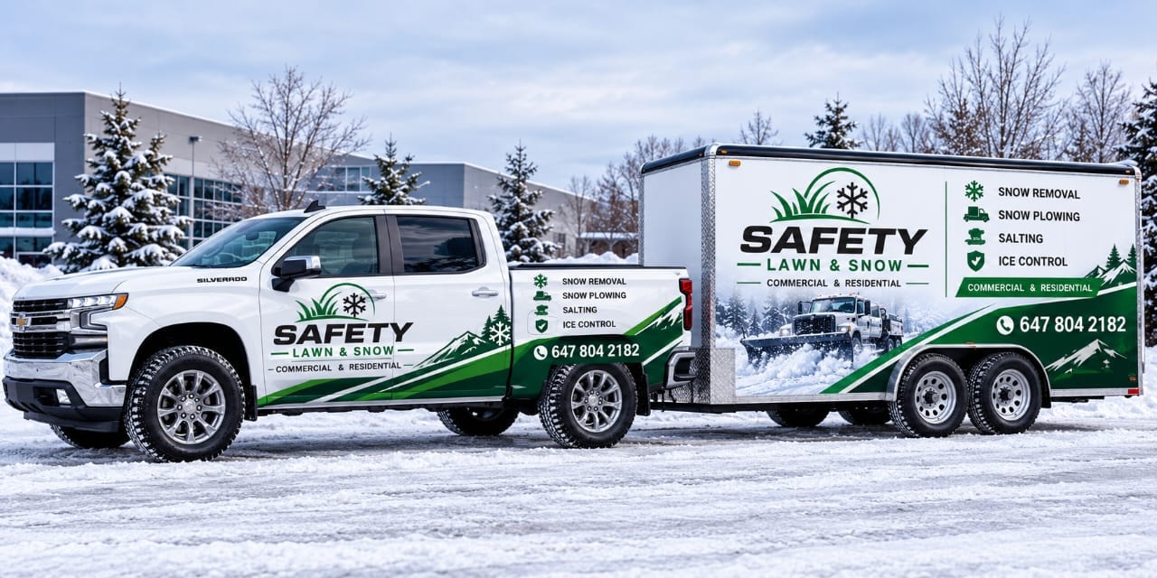 Branded Safety Lawn & Snow Chevrolet Silverado and enclosed service trailer
